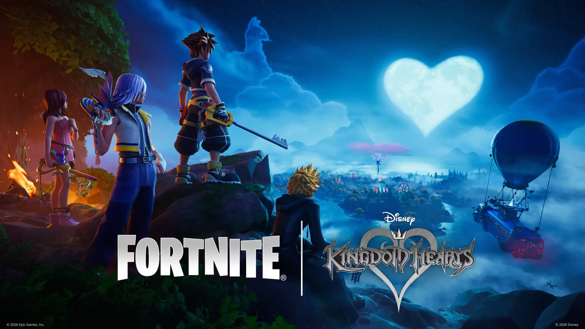 Fortnite x Kingdom Hearts key art with Sora, Riku, Kairi and Roxas beneath a heart-shaped moon